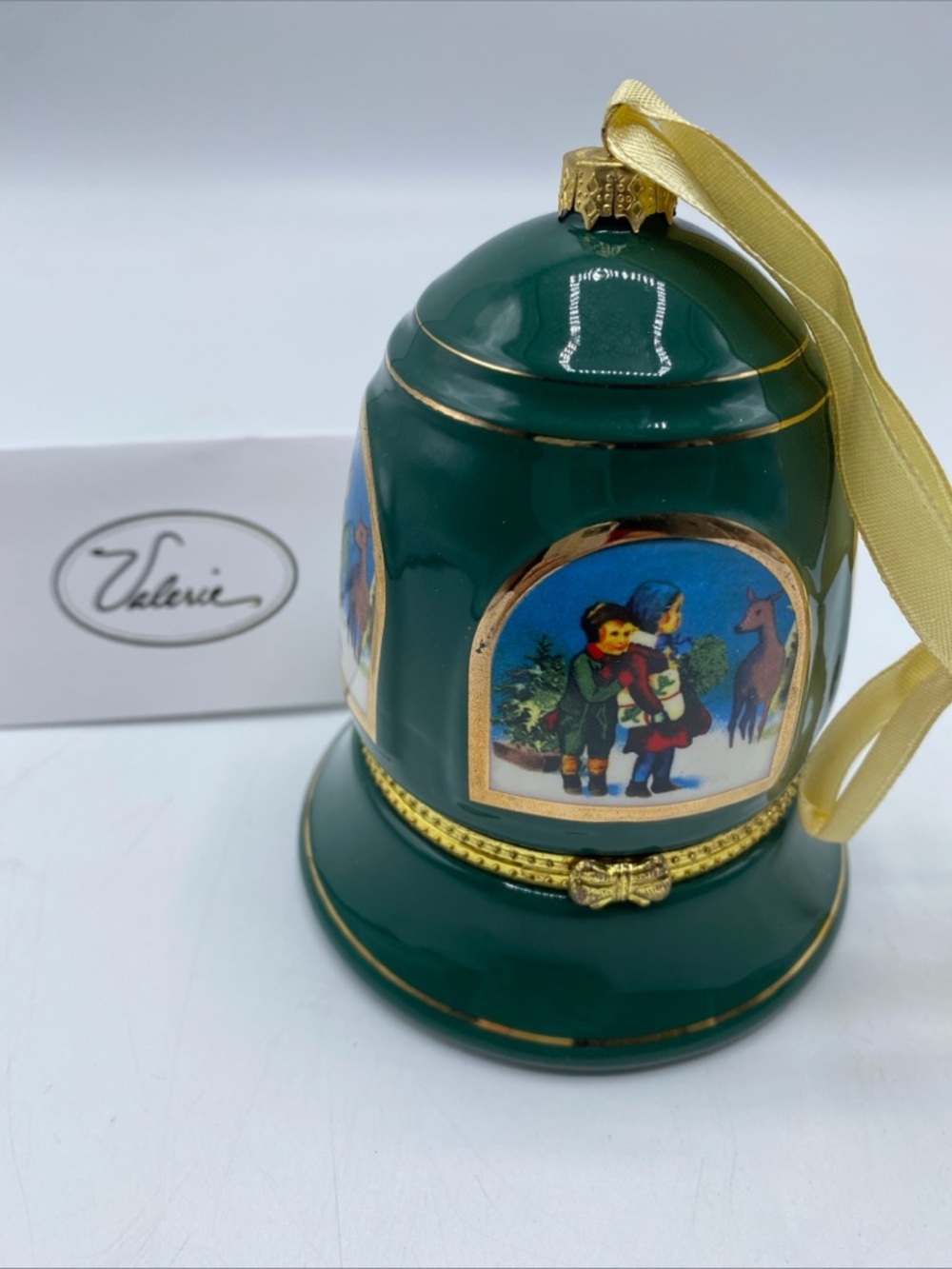Mr. Christmas Musical Bell Hinged Trinket Box Ornament Green Ceramic Gold Trim 4